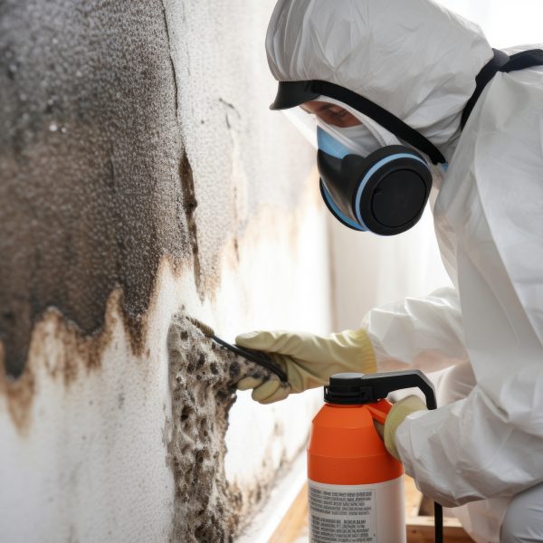 A professional technician in protective gear working to remove mold from a home. Generative Ai